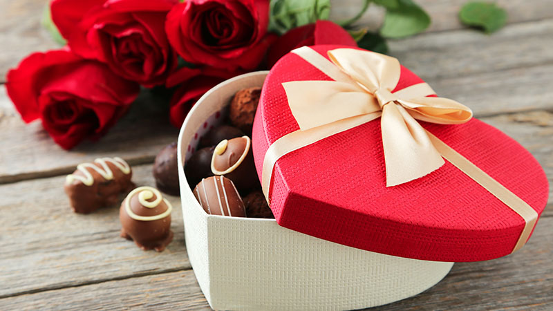 chocolates in heart-shaped box
