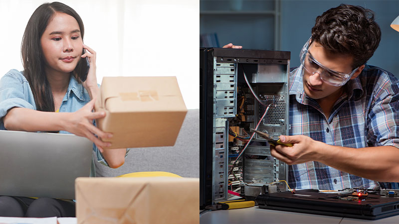 woman holding brown package and man working on computer