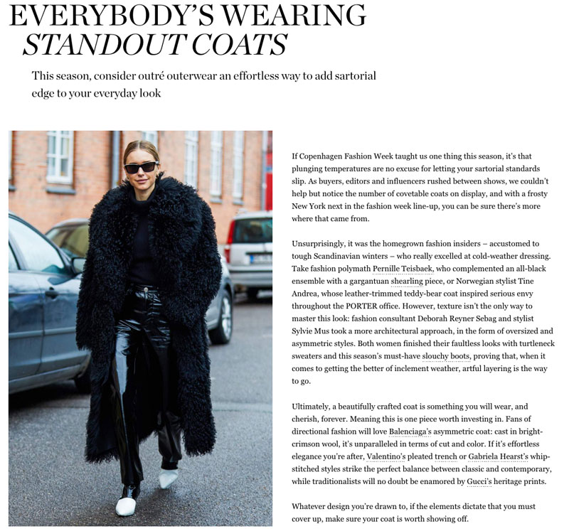 Article on standout coats to wear featuring model in black outfit with fur coat