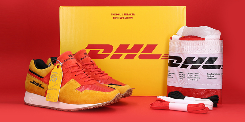 Yellow and red DHL branded trainers and bag