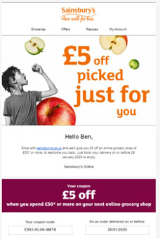 Email pop up advertising Sainsbury's products