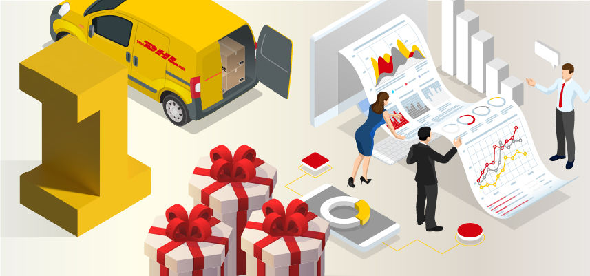 Graphic image of presents and DHL logistics activities