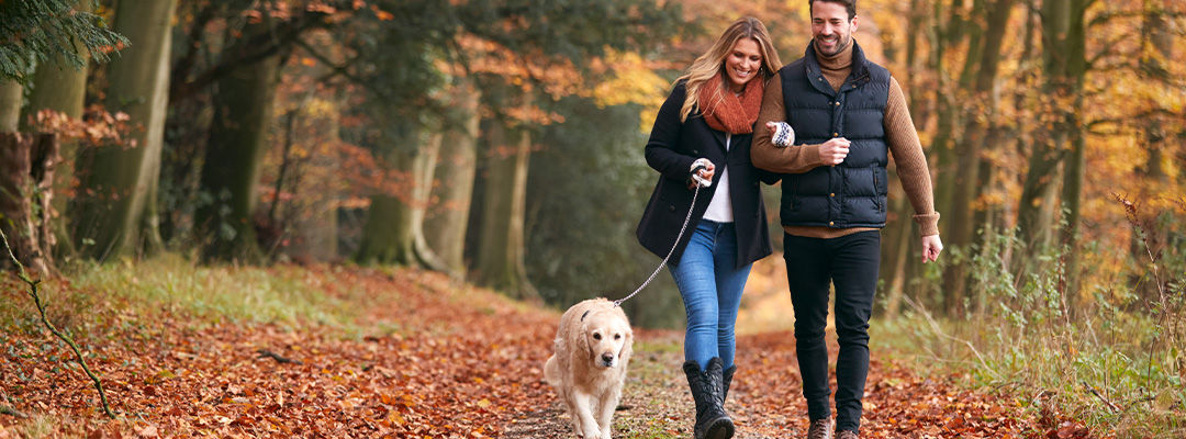 man and woman walking their dog