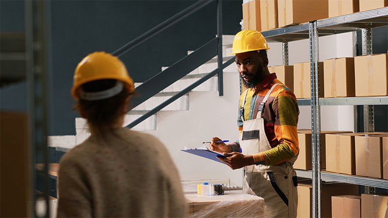 man looking at woman holding a clipboard