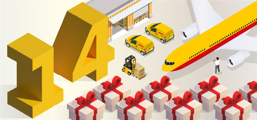 Graphic image of presents and DHL logistics activities