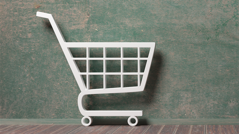 E shop, e commerce concept. Shopping cart trolley icon on empty room background, banner, copy space. 3d illustration