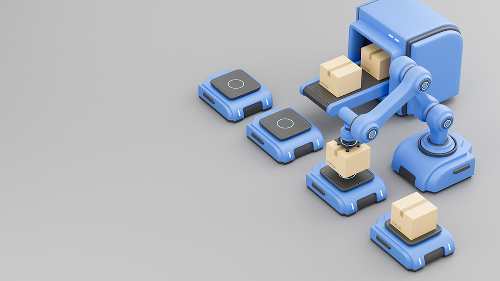 graphic image of robot and parcels on conveyor belts