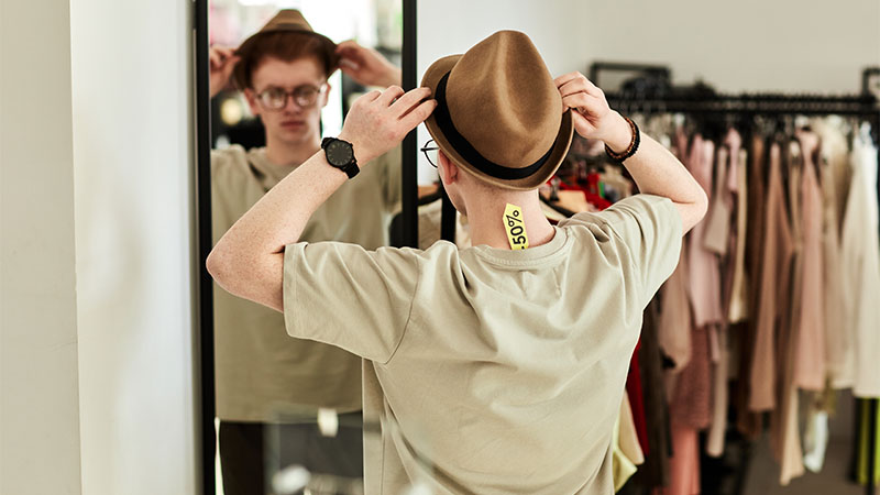 man trying on hat in mirror