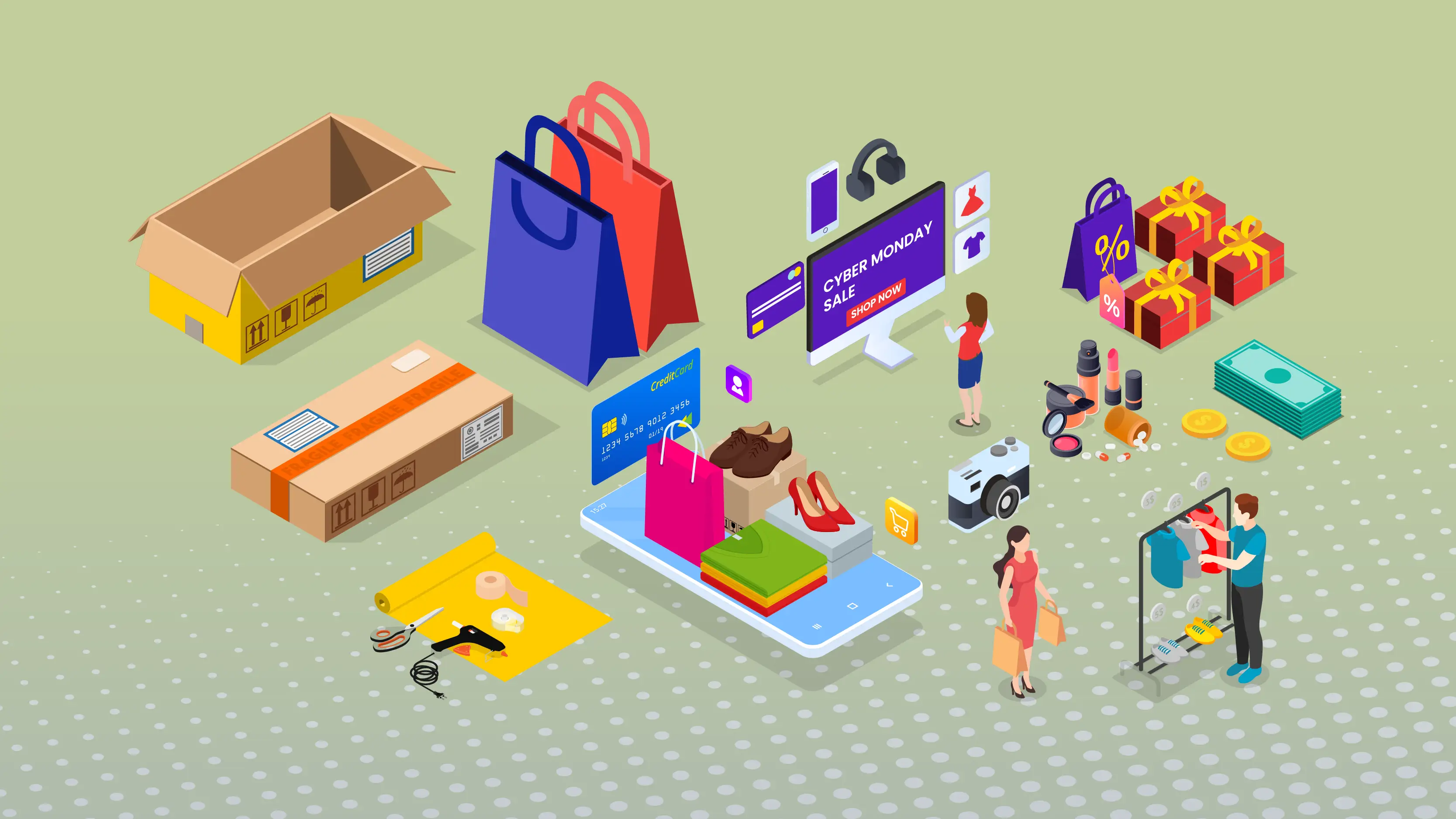 graphic image of several shopping activities