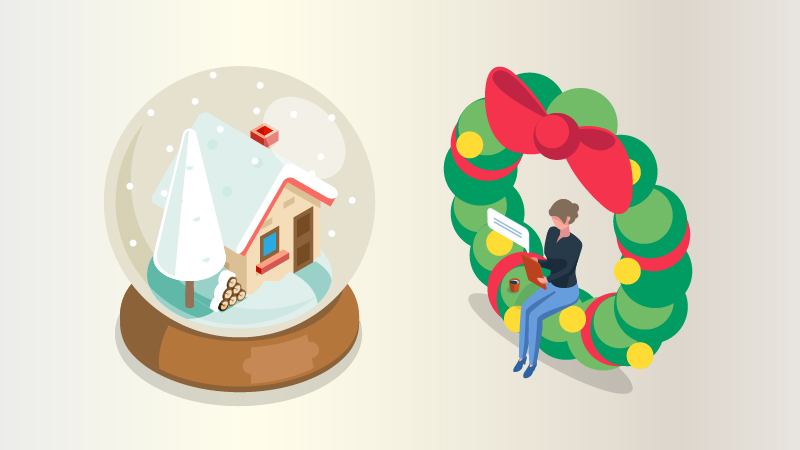 snow globe and woman sitting in a wreath