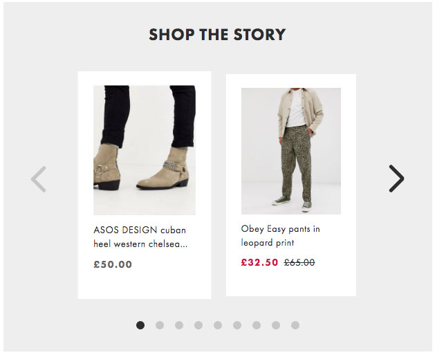 Screenshot of ASOS 'shop the story' feature with women's boots and male trousers