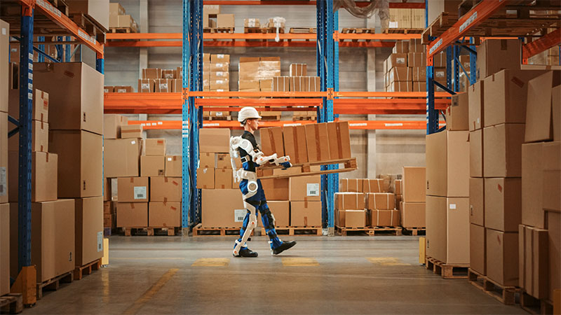 man wearing a robot suit in a warehouse