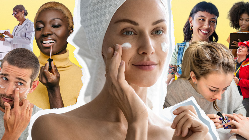 collage of people using cosmetics