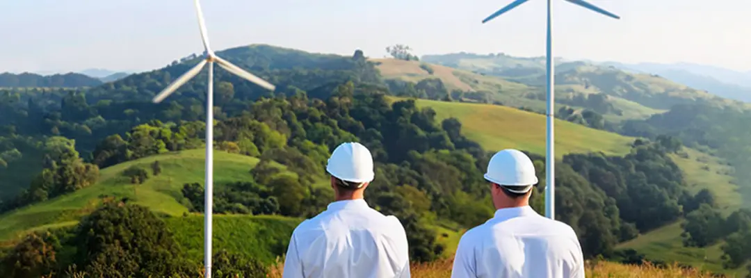 two men looking at windfarm