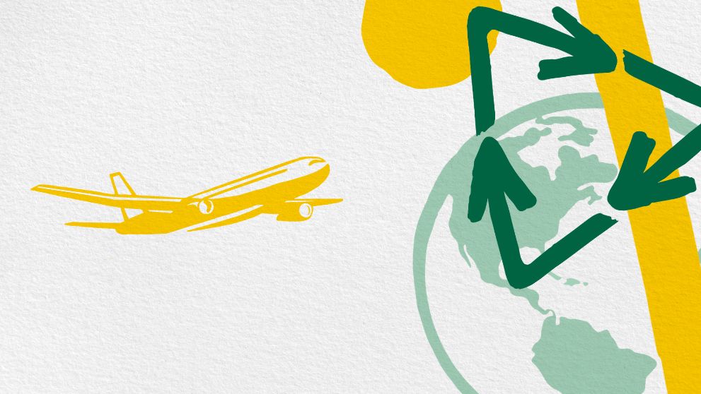 an illustration of a plan flying around the globe with a recycling logo