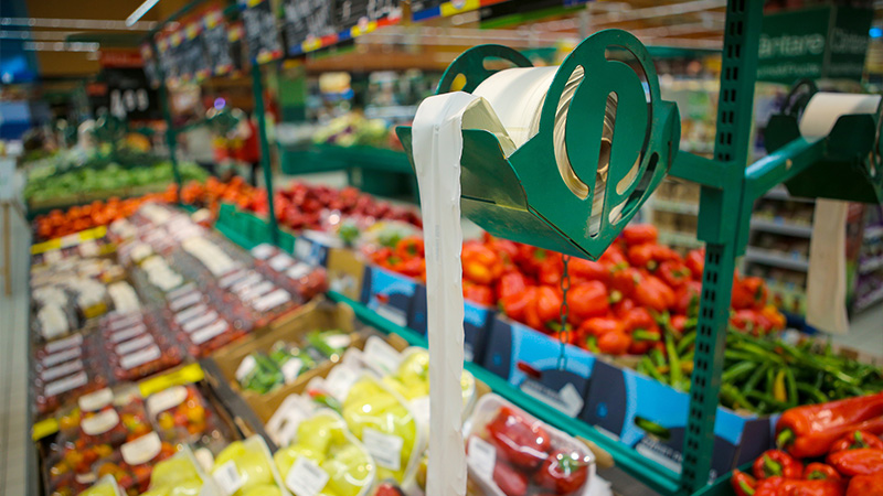 Biodegradable plastic food bags in the fruits and vegetables aisle