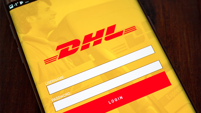 DHL logo on a screen