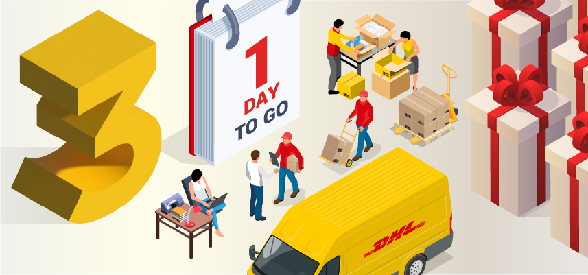 Graphic image of presents and DHL logistics activities