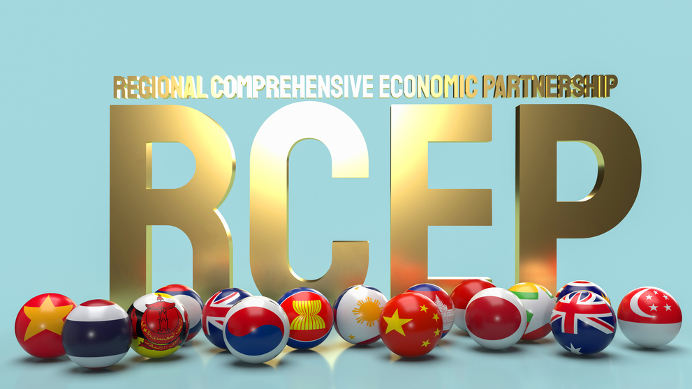 gold text rcep or Regional Comprehensive Economic Partnership and ball flag 3d rendering.