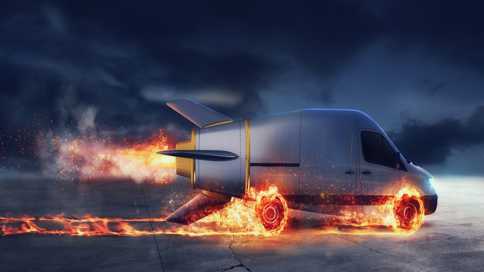 Super fast delivery of package service with van like a rocket with wheels on fire