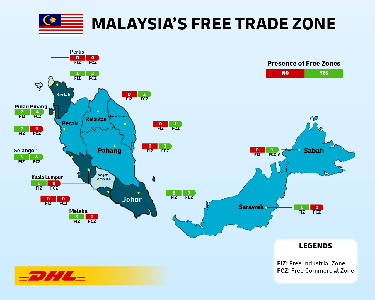 Map of Malaysia with free industrial and commercial zones marked on east and west land